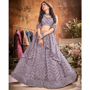 Grey Partywear Thread Sequins Soft Net Lehenga Choli