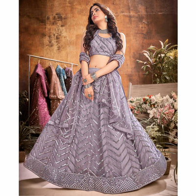 Grey Partywear Thread Sequins Soft Net Lehenga Choli