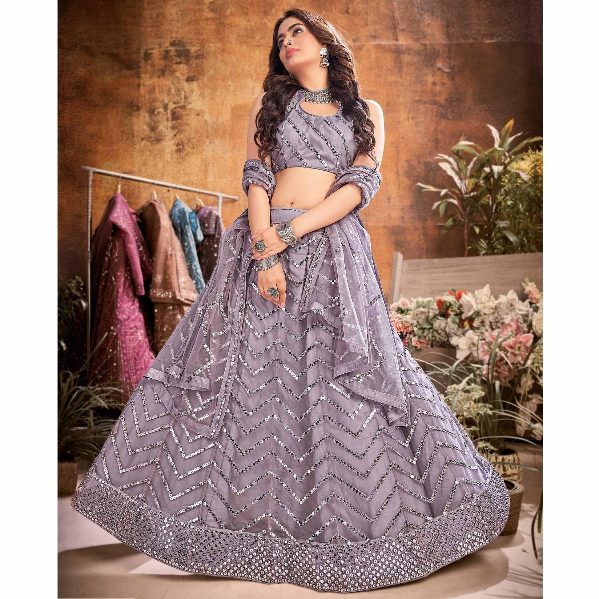 Grey Partywear Thread Sequins Soft Net Lehenga Choli