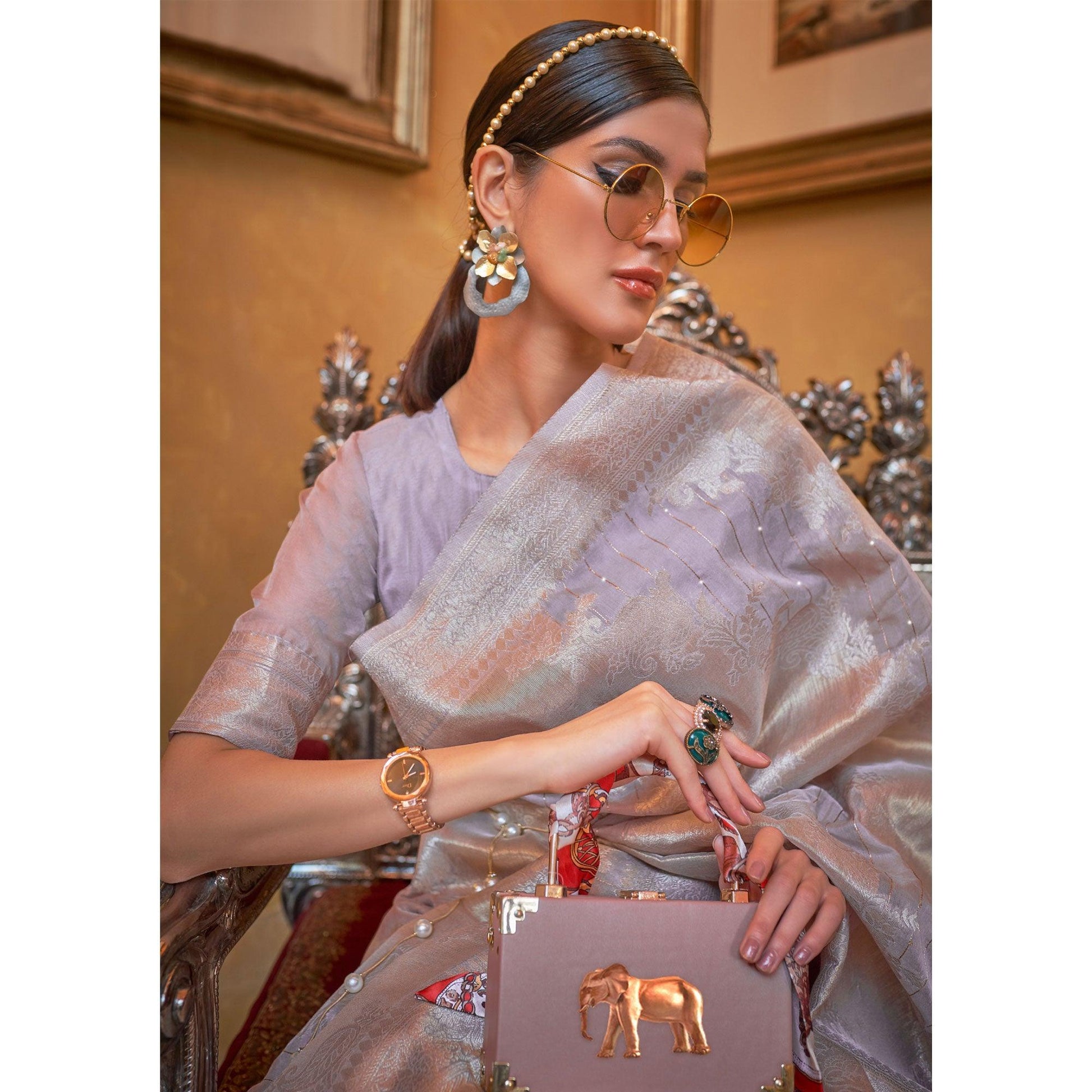 Grey Partywear Wear Woven Chanderi Saree