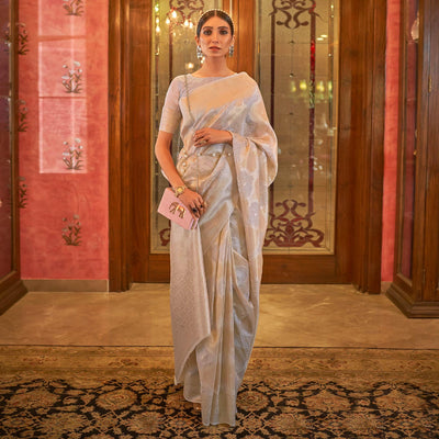 Grey Partywear Wear Woven Chanderi Silk Saree