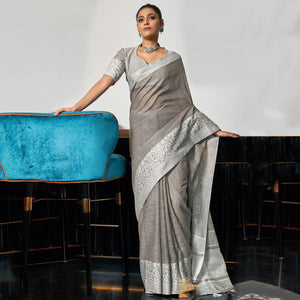 Grey Partywear Woven Linen Saree