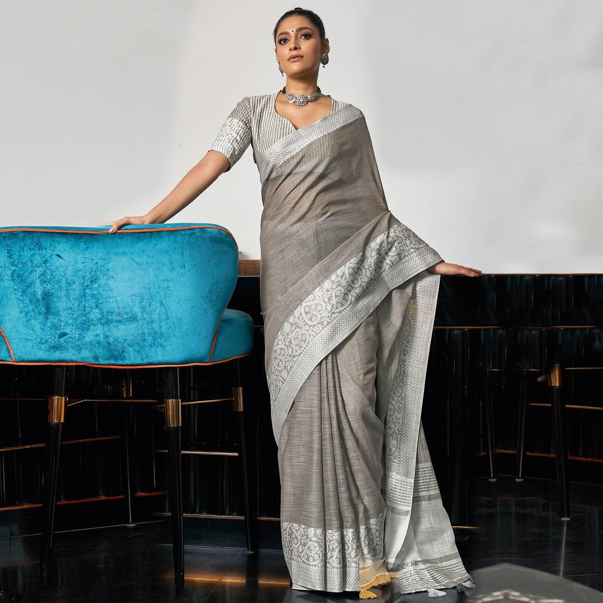 Grey Partywear Woven Linen Saree
