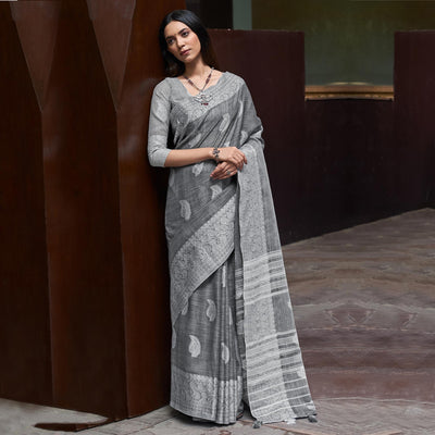 Grey Partywear Woven Linen Saree