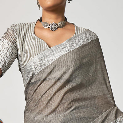 Grey Partywear Woven Linen Saree