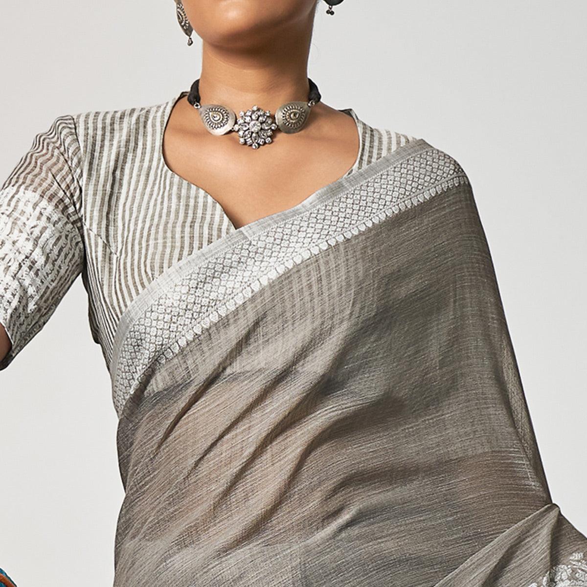 Grey Partywear Woven Linen Saree