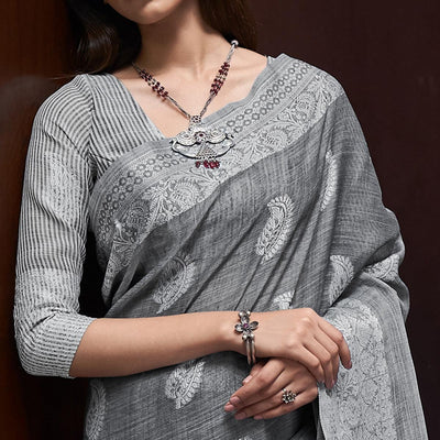 Grey Partywear Woven Linen Saree