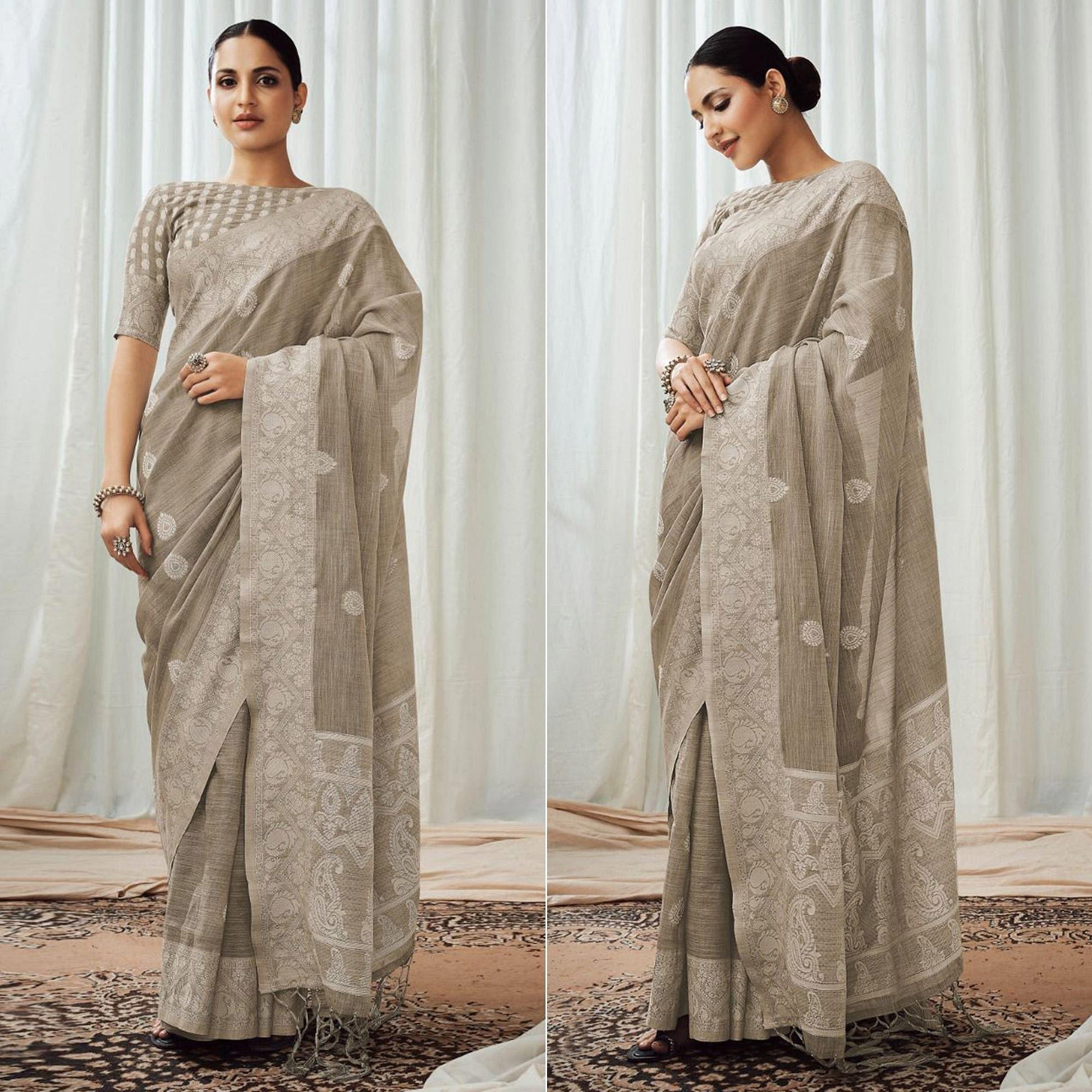 Grey Partywear Woven Lucknowi Linen Saree