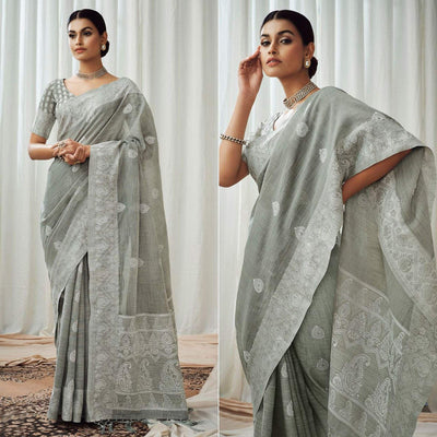 Grey Partywear Woven Lucknowi Linen Saree