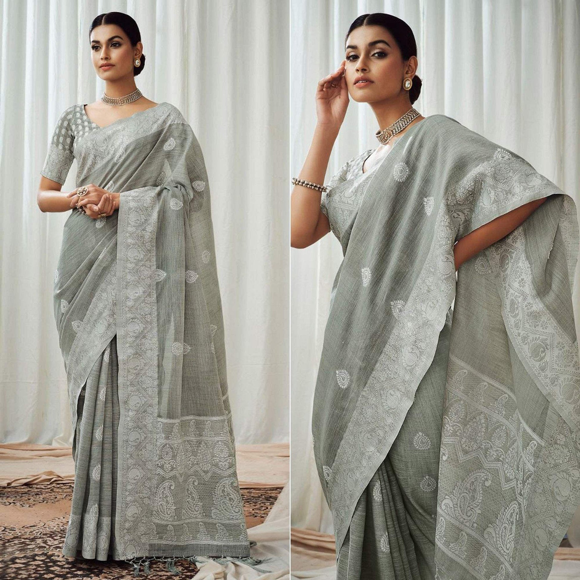 Grey Partywear Woven Lucknowi Linen Saree