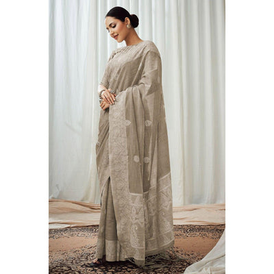 Grey Partywear Woven Lucknowi Linen Saree