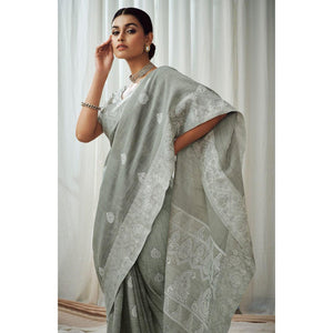 Grey Partywear Woven Lucknowi Linen Saree