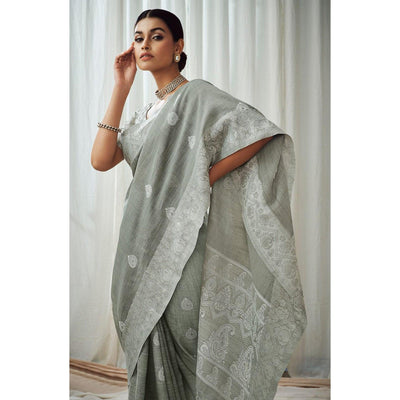 Grey Partywear Woven Lucknowi Linen Saree
