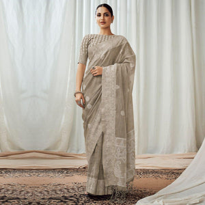 Grey Partywear Woven Lucknowi Linen Saree