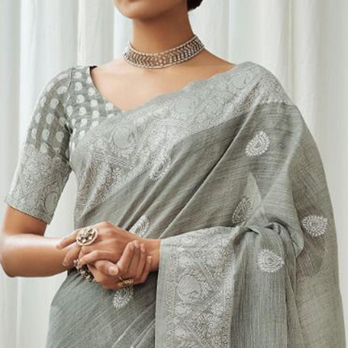 Grey Partywear Woven Lucknowi Linen Saree