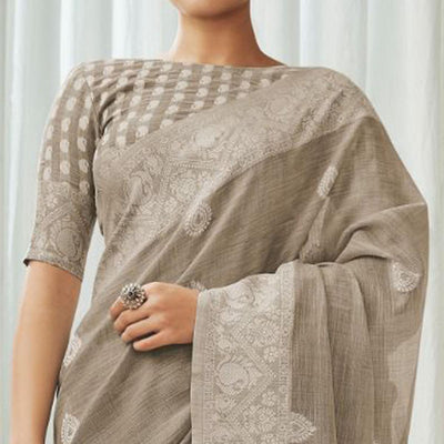 Grey Partywear Woven Lucknowi Linen Saree