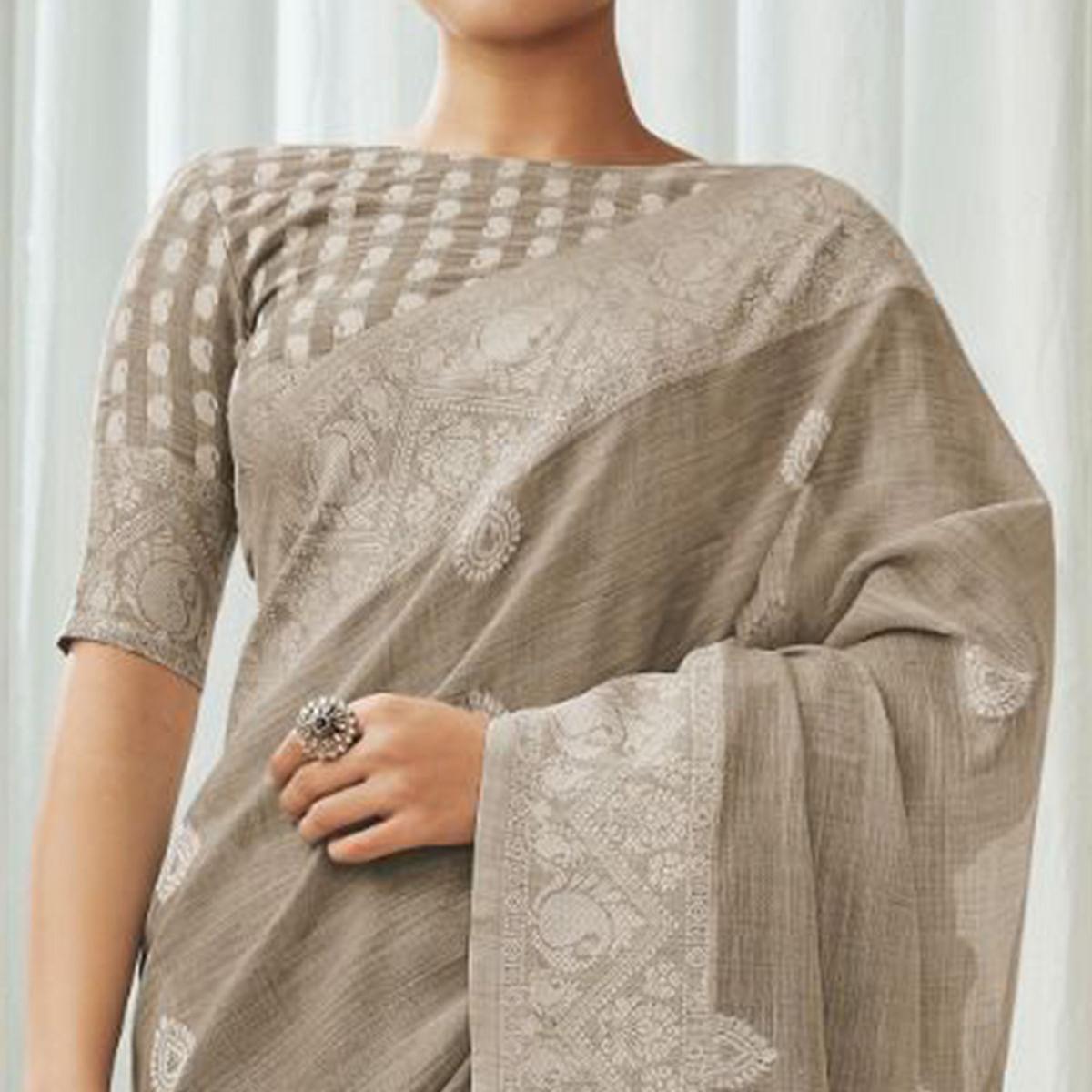 Grey Partywear Woven Lucknowi Linen Saree