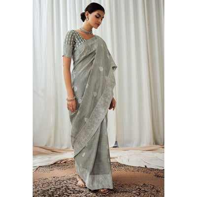 Grey Partywear Woven Lucknowi Linen Saree