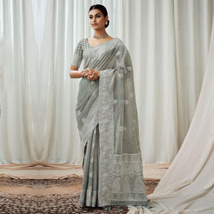 Grey Partywear Woven Lucknowi Linen Saree