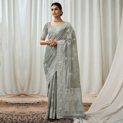 Grey Partywear Woven Lucknowi Linen Saree