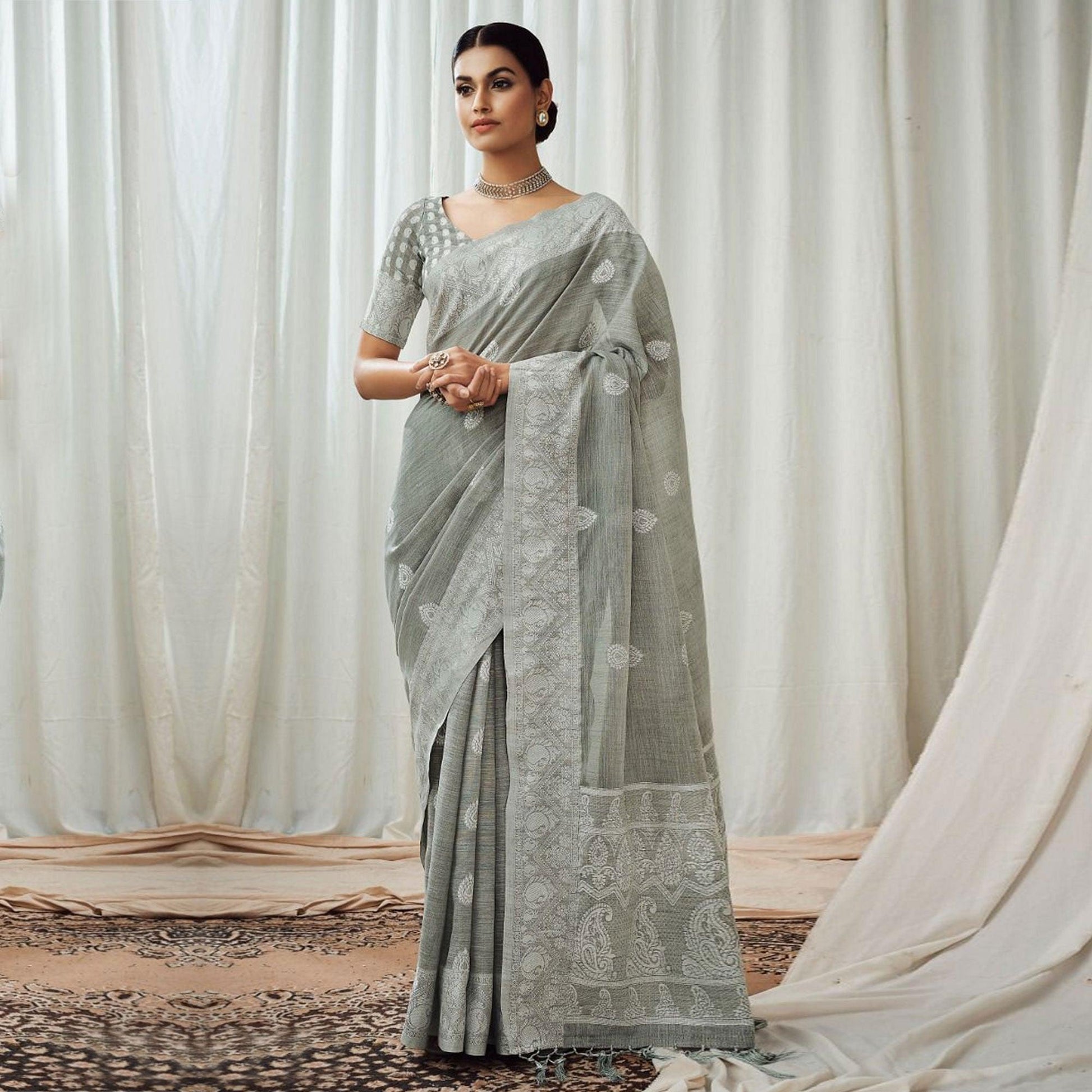 Grey Partywear Woven Lucknowi Linen Saree