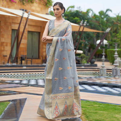 Grey Partywear Woven Pure Linen Saree
