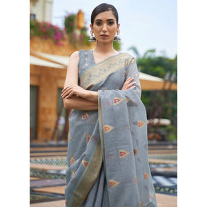 Grey Partywear Woven Pure Linen Saree
