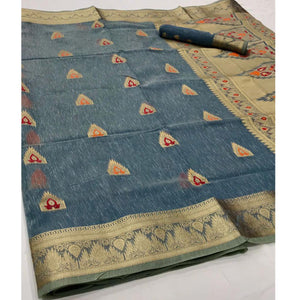 Grey Partywear Woven Pure Linen Saree