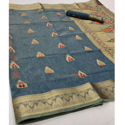 Grey Partywear Woven Pure Linen Saree