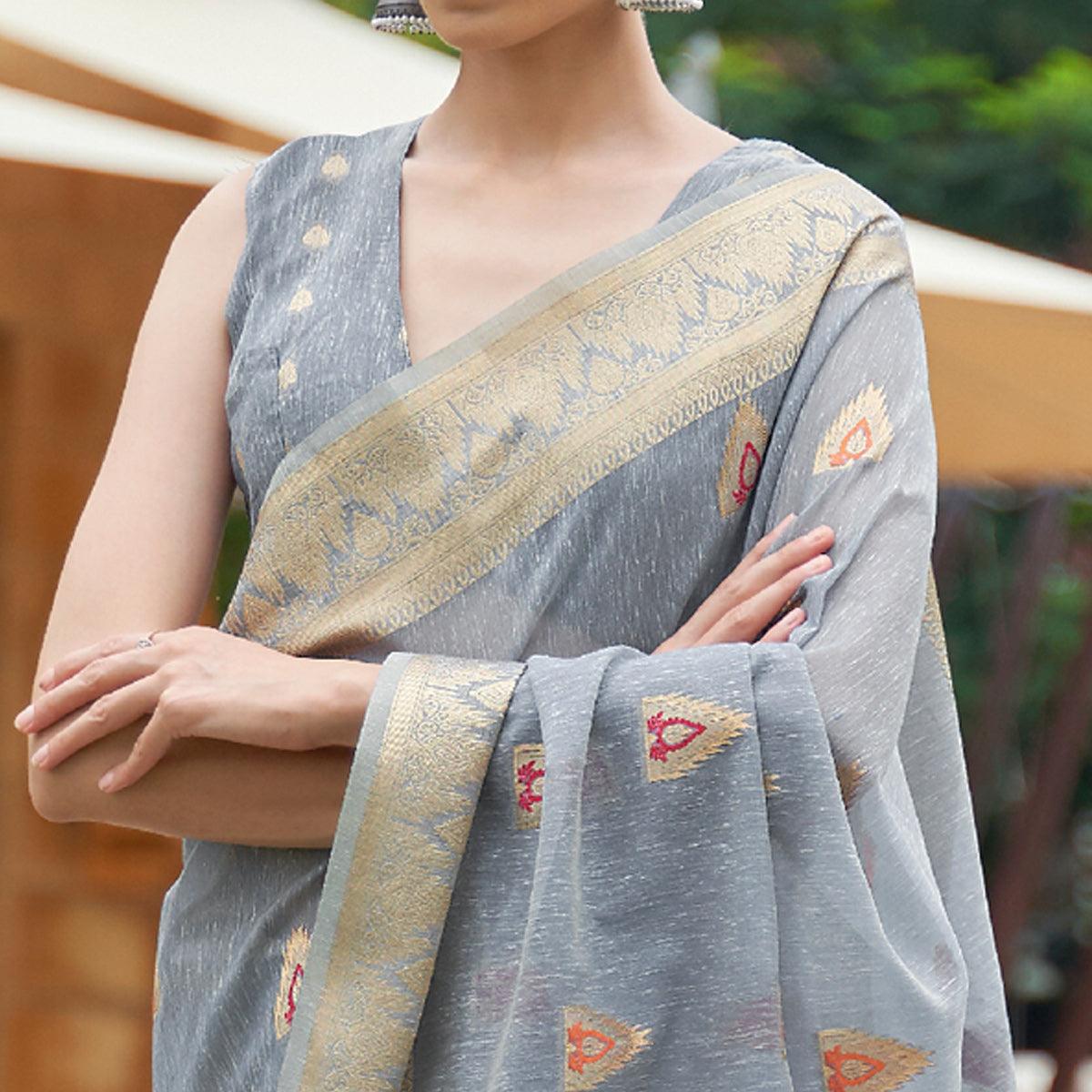 Grey Partywear Woven Pure Linen Saree
