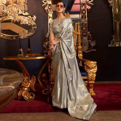 Grey Partywear Woven Satin Saree