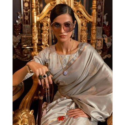 Grey Partywear Woven Satin Saree