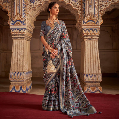 Grey Patola Printed Art Silk Saree
