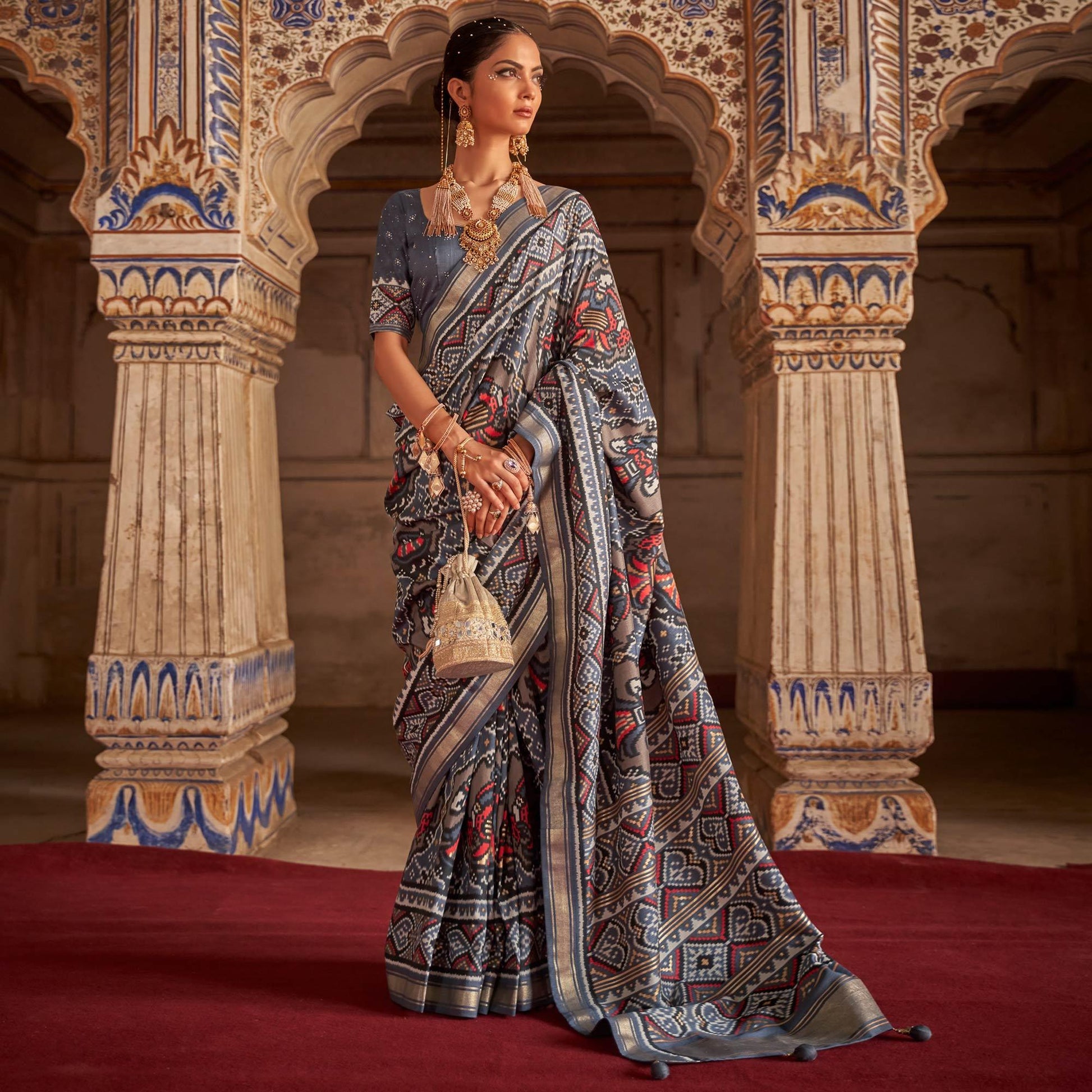 Grey Patola Printed Art Silk Saree