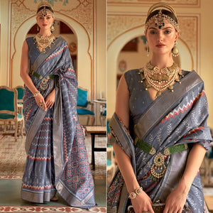 Grey Patola Printed Art Silk Saree