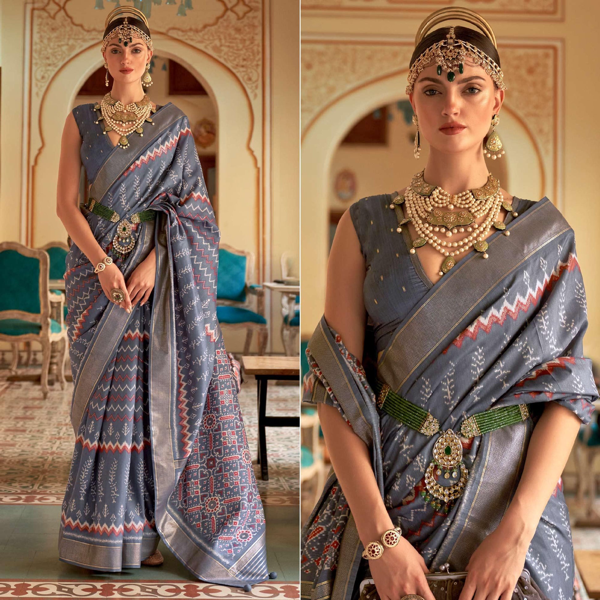 Grey Patola Printed Art Silk Saree
