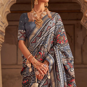 Grey Patola Printed Art Silk Saree