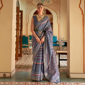 Grey Patola Printed Art Silk Saree