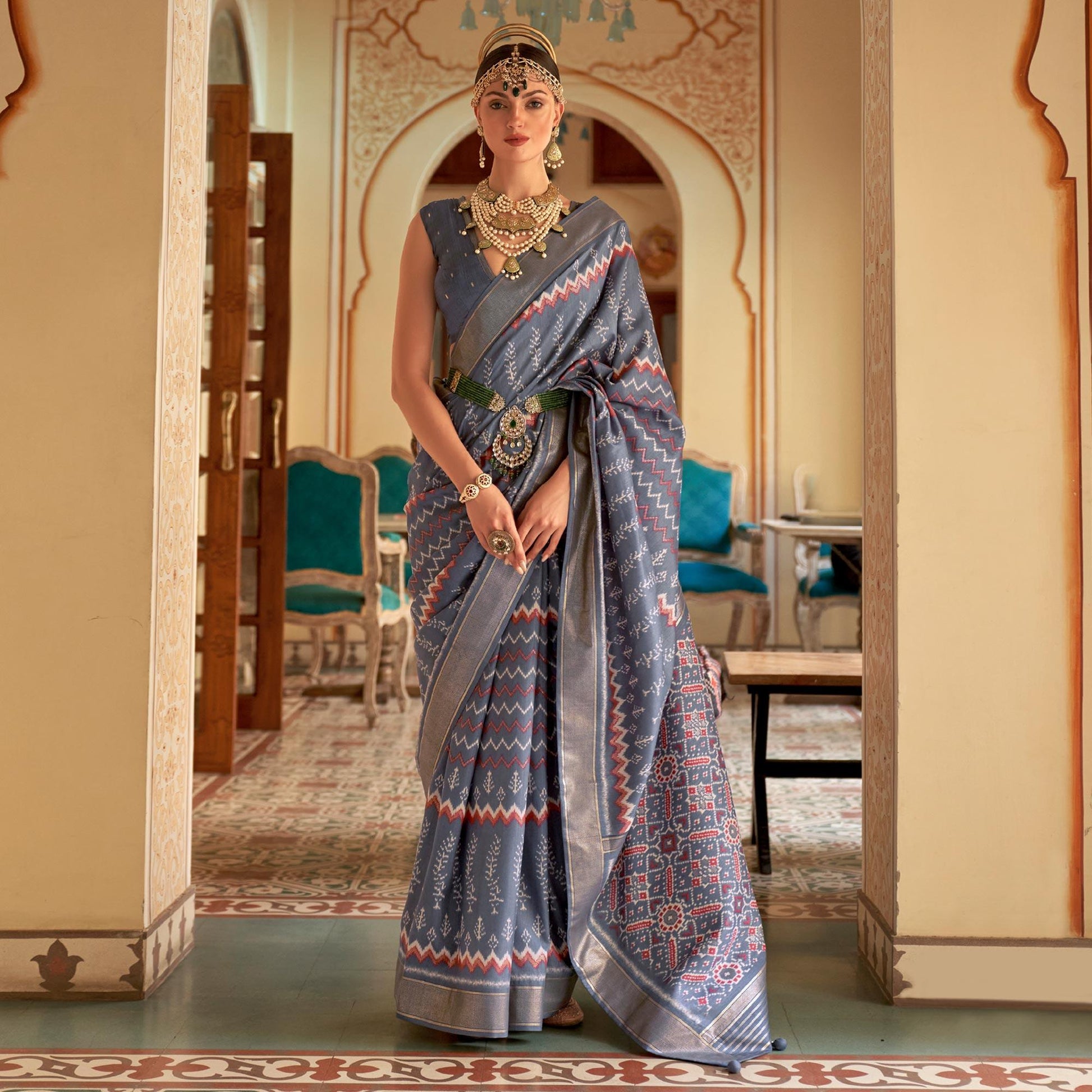 Grey Patola Printed Art Silk Saree