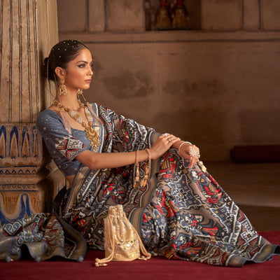 Grey Patola Printed Art Silk Saree