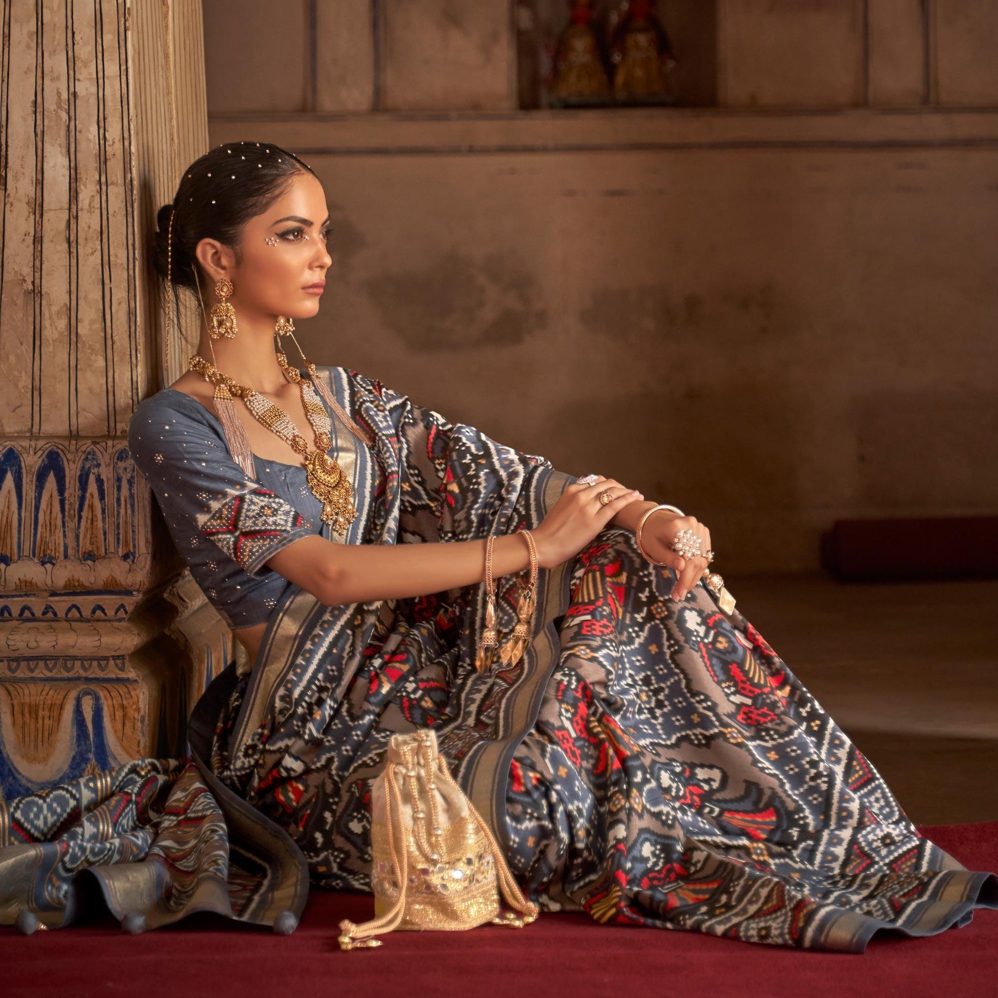 Grey Patola Printed Art Silk Saree