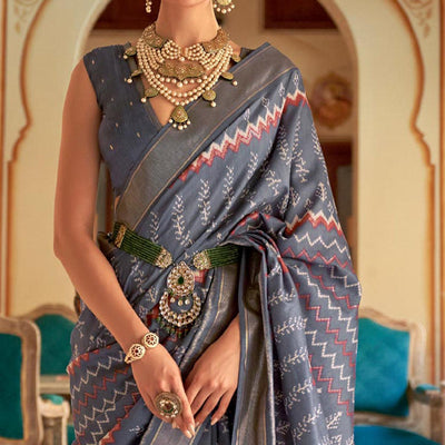 Grey Patola Printed Art Silk Saree