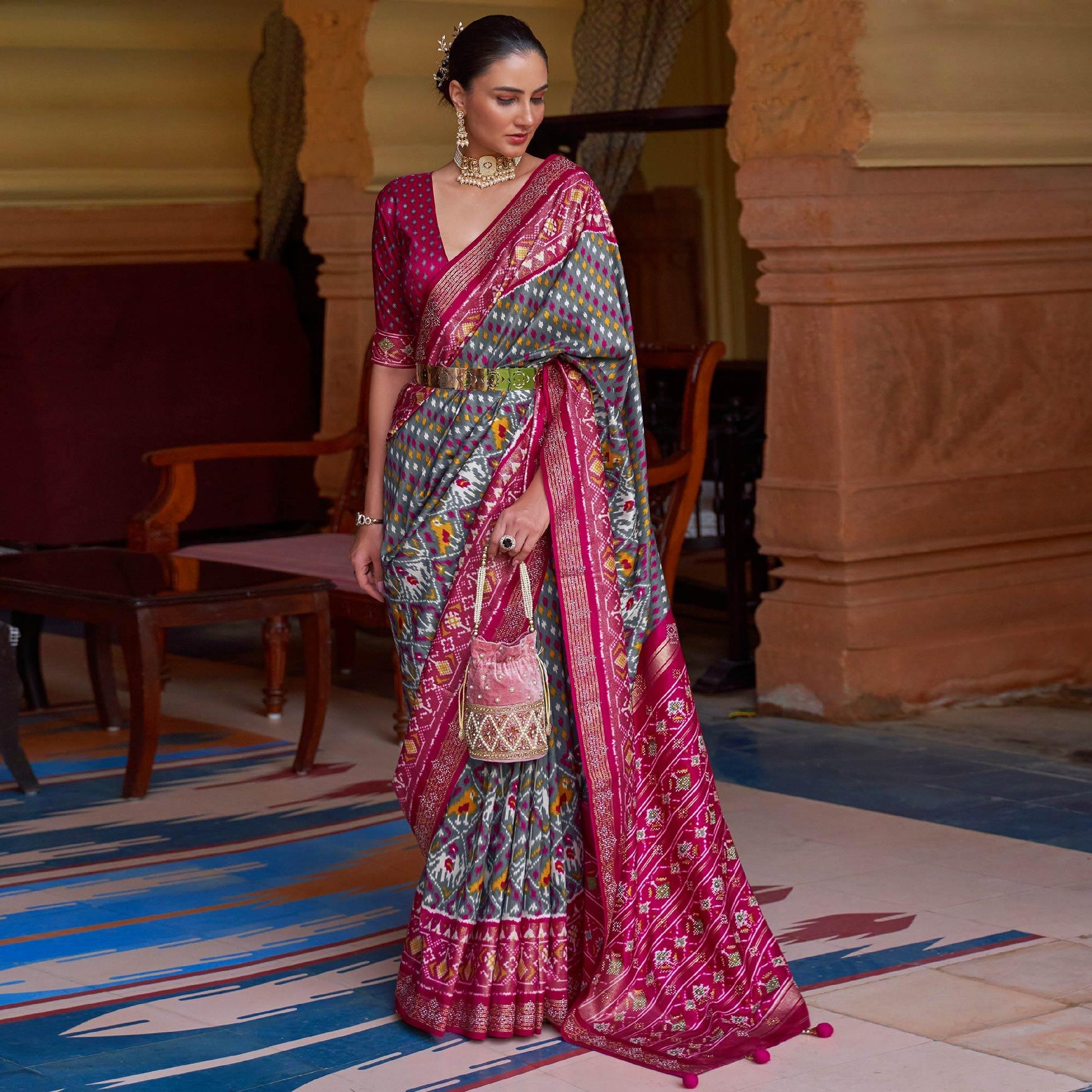 Grey Patola Printed Art Silk Saree With Tassels