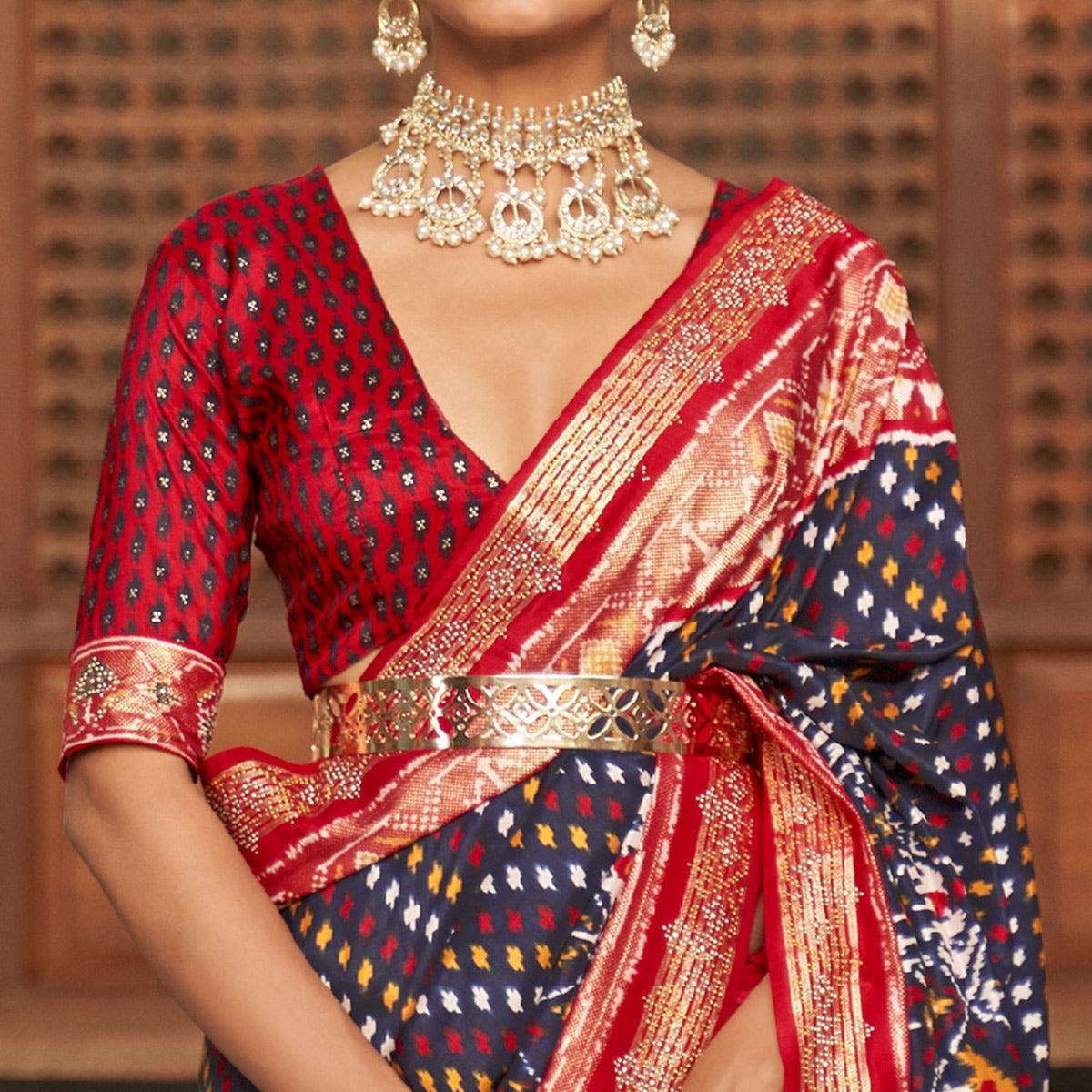 Grey Patola Printed Art Silk Saree With Tassels