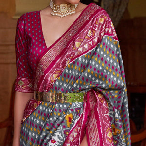 Grey Patola Printed Art Silk Saree With Tassels
