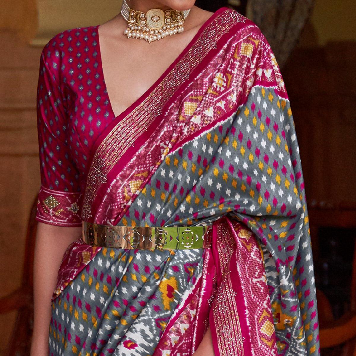 Grey Patola Printed Art Silk Saree With Tassels