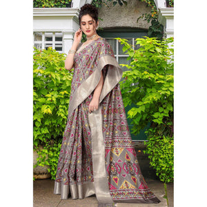 Grey Patola Printed Dola Silk Saree