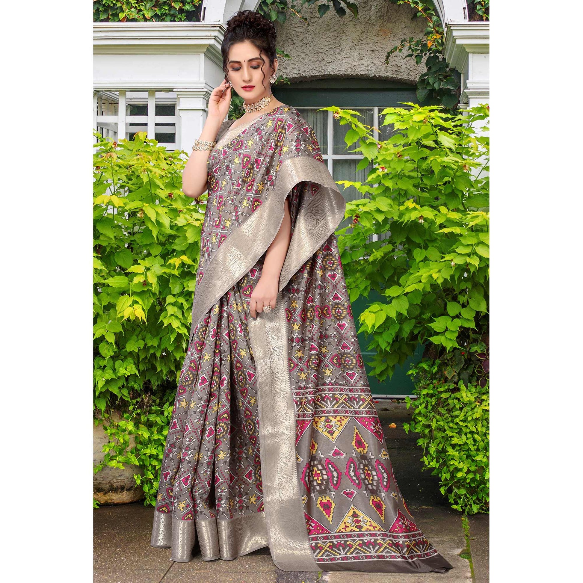 Grey Patola Printed Dola Silk Saree