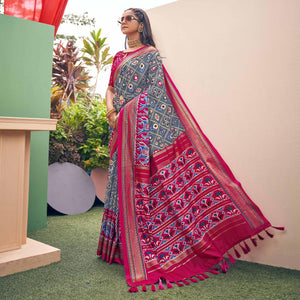 Grey Patola Printed Silk Saree With Tassels