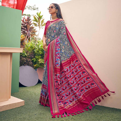 Grey Patola Printed Silk Saree With Tassels